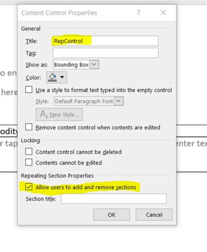 How do I populate a list from a repeating section content control form field in word 2016?