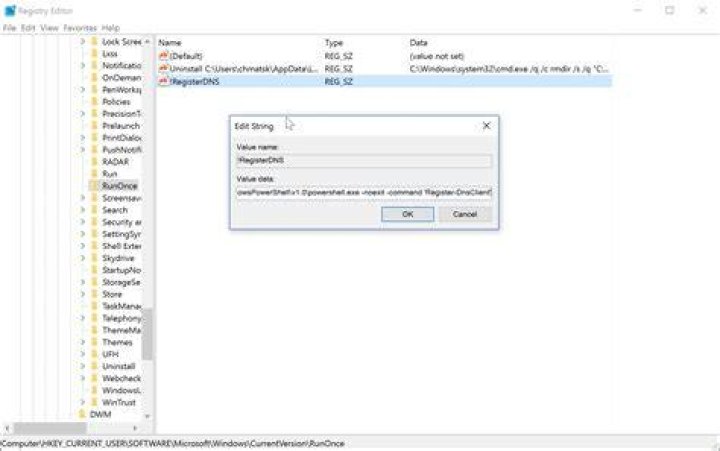 Is it possible to insert a system command into a runOnce registry key/value?