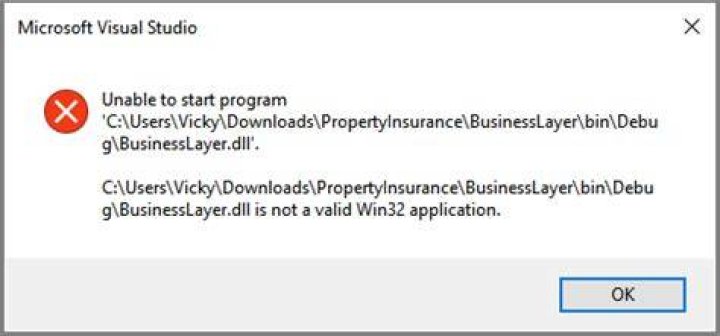Unable to start program. [VALUE].dll is not a valid Win32 application error in Visual Studio 2017